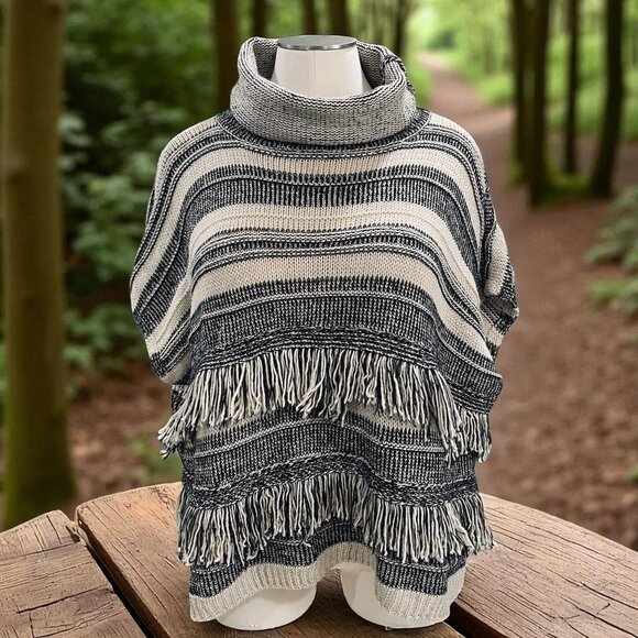 Linda Anderson Black Ivory Striped Knit Fringe Poncho Sweater One Size Cozy - Picture 1 of 9